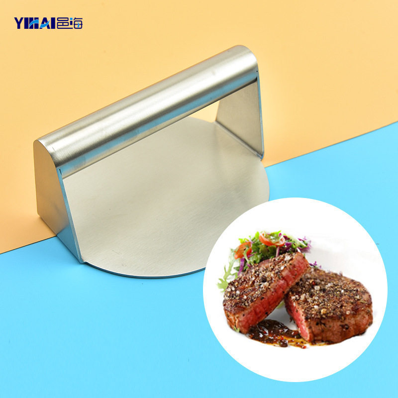 304 Stainless Steel Manual Meat Press Round Hamburger Meat Press Cake Mold Wooden Handle Square Press Plate Kitchen Tool