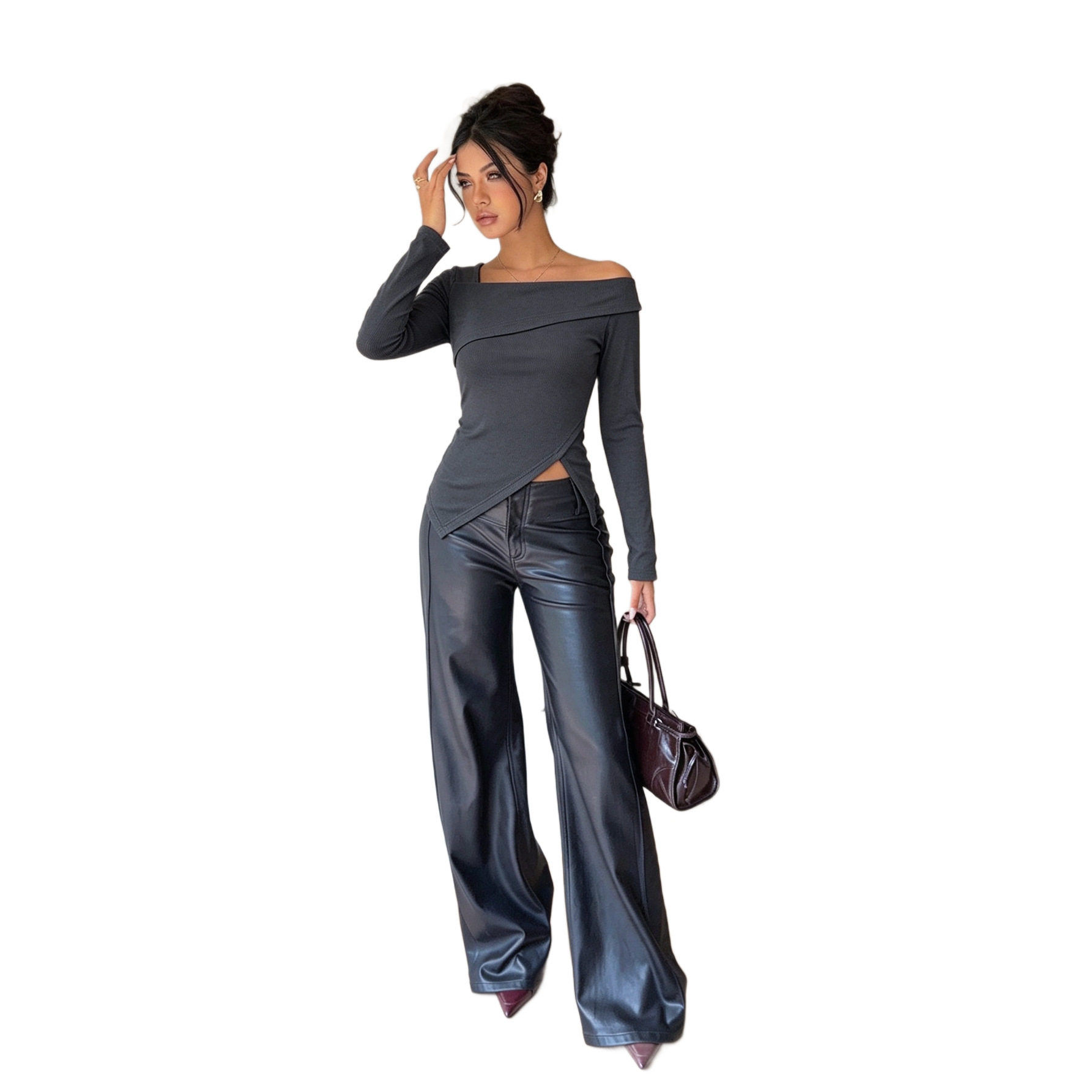 Asymmetrical Cutout Long Sleeve T Shirt for Women Slim Fit Off Shoulder Trendy Design Casual Wear Party Style