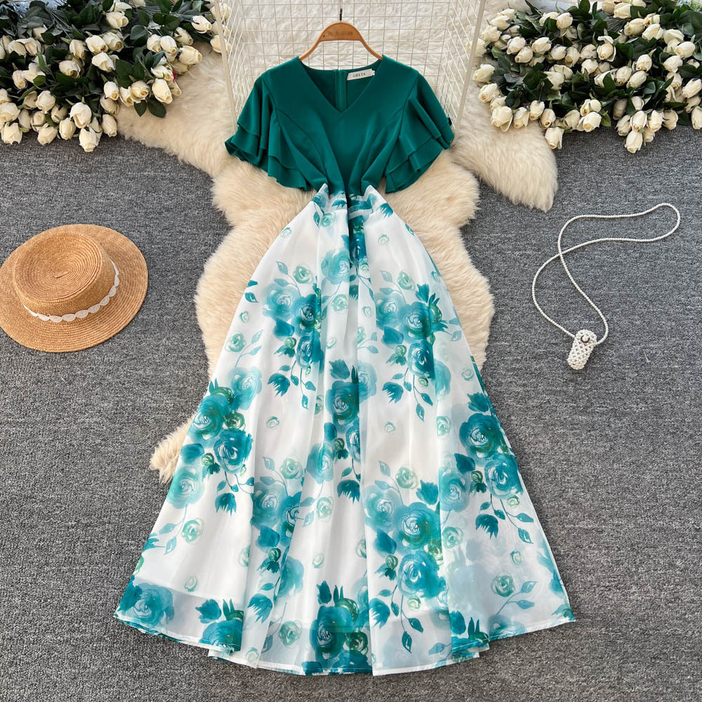 French Style V Neck Ruffle Sleeve Color Block Printed Maxi Dress for Women Summer Fashion Slim Fit Elegant Design