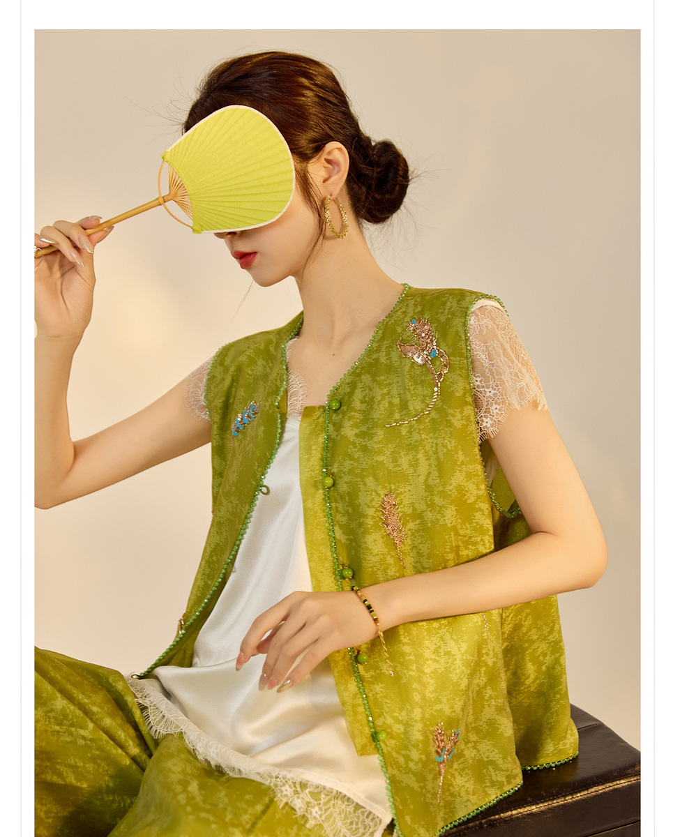 Set gile thêu đính cườm kèm quần dài nữ phong cách thanh lịch — Quần dài màu mơ, Quần dài màu xanh lục, Gi lê màu hồng, Gi lê màu xanh lục