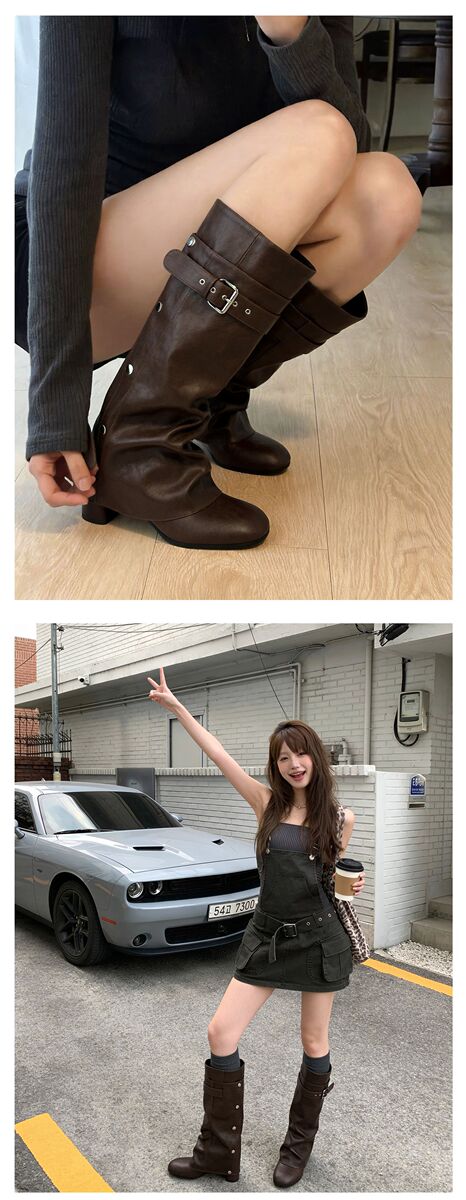 Boot nữ cổ cao gót thô 5.5cm, ống rời tháo được hai kiểu, khóa thắt lưng, mũi vuông — màu đen, Màu nâu đậm