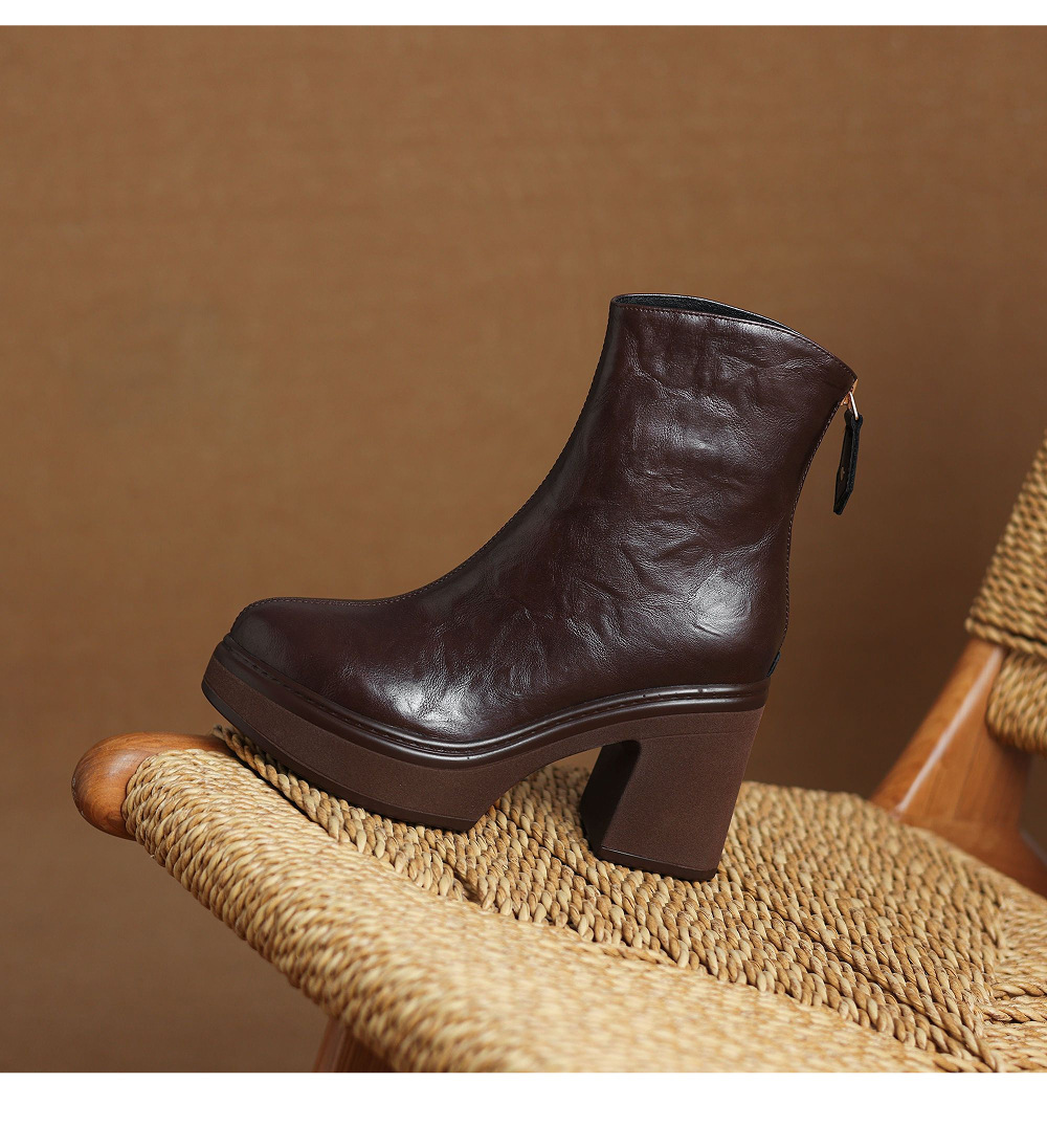 Boot nữ da bò gót thô 9,5cm cổ ngắn khóa kéo sau — Lớp lót đơn màu đen, Lớp lót đơn màu nâu đậm, Lót nhung đen, Lót nhung màu nâu đậm