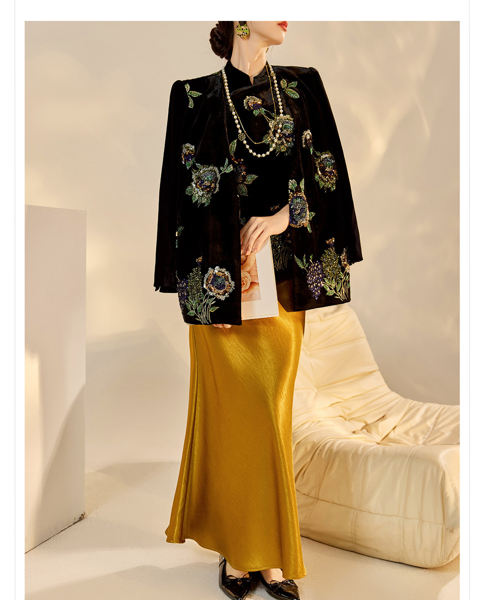 Áo khoác dạ thêu sequin dáng rộng cổ chữ V nữ — Áo khoác ruy băng vàng đen (Giao hàng trong 7 ngày), Áo khoác ruy băng vàng đen (giao hàng trong ngày)