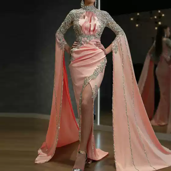 2025 Cross-Border Spring New Amazon European and American Clothing Pink Sexy Evening Dress Slit Gold Dress Long Skirt
