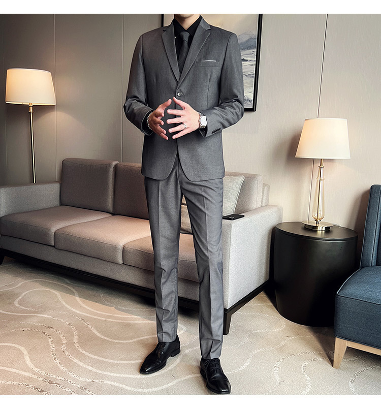 Bộ vest nam ôm dáng ba món phong cách công sở và dự tiệc cưới — Màu xám (áo một nút + áo vest + quần), Màu xanh navy (áo một nút + vest + quần), Màu xám (áo một nút + quần), Màu xám (áo đơn một nút)