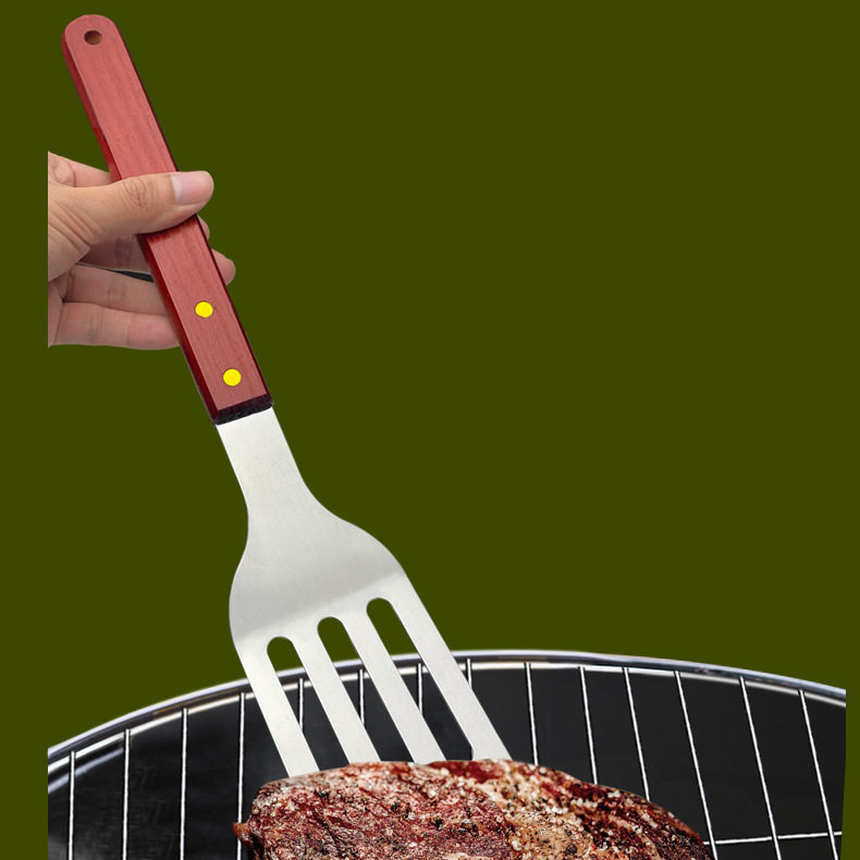 Manufacturer's Ready Stock New Outdoor Camping Barbecue Three-Piece Grill Set Wooden Handle Tied Card Stainless Steel Barbecue Utensil Set