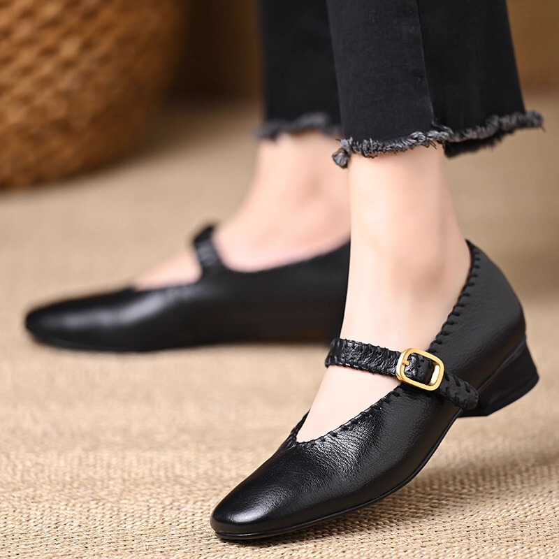 Giày Mary Jane nữ gót thô 3cm mũi tròn phong cách cổ điển mềm êm — màu đen, nâu