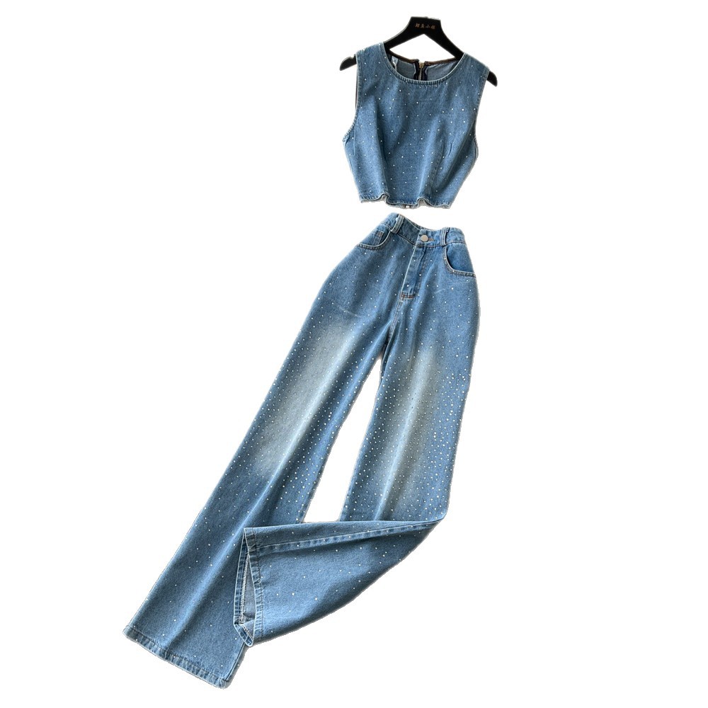 Korean Style Womens Denim Set Summer Halter Top High Waisted Wide Leg Pants Chic Office Wear Wholesale Available