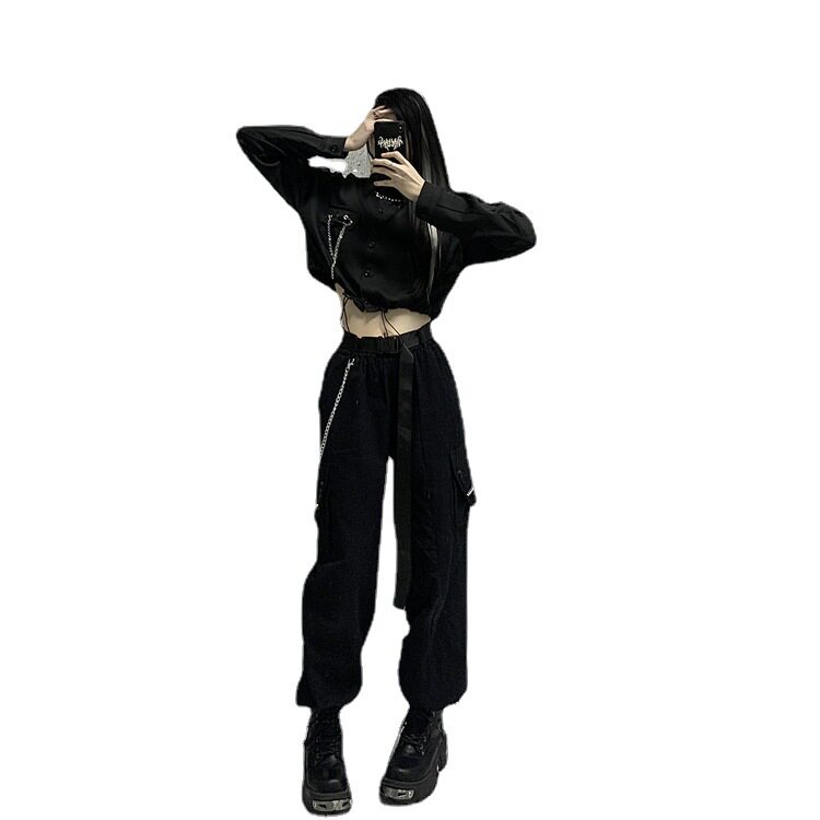 Spring and Autumn Silver Long-Sleeved Waist-Cinching Shirt Jacket Slim-Fit High-Waisted Cargo Pants Two-Piece Set for Women with Chain Elements