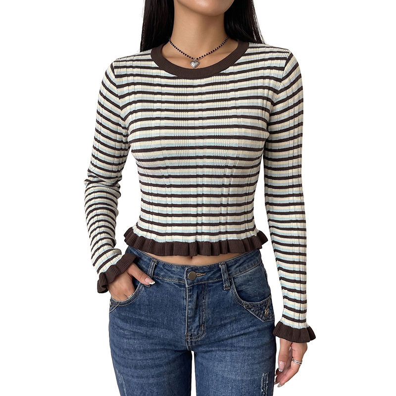 Retro Striped Short Sleeve Sweater Round Neck Flared Sleeves Casual Style Perfect for Spring and Fall Wholesale