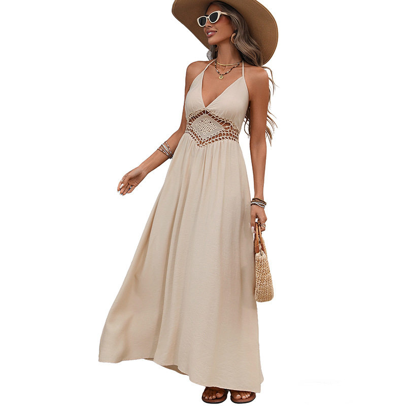 Casual Vacation Long Dress Backless Design Bow Tie Neck Lightweight Fabric Perfect for Summer Getaways Wholesale