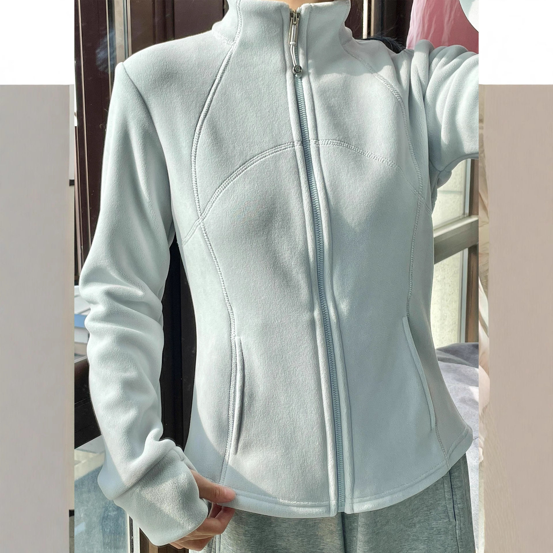Blue Slim-Fit Double-Sided Fleece Jacket for Women in Winter with Small Fleece Lining and Thick Velvet Thermal Sweatshirt