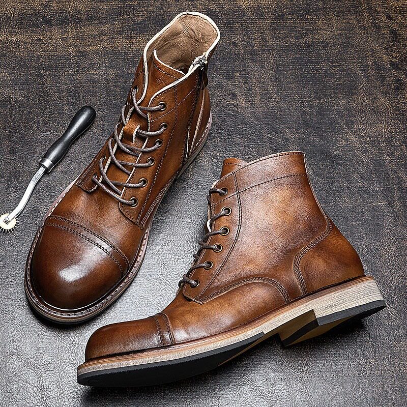 Giày Boot Martin Nam Cao Cổ Da Thật Đế Dày Chiều Cao Đế Khoảng 3cm Phong Cách Anh Quốc Màu Nâu, Đen