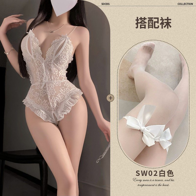 浪漫紫-情趣内衣性感蕾丝镂空连体衣女开裆激情免脱套装睡衣诱惑