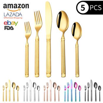 Cross-border Roman Column 410 Stainless Steel Western-style Tableware Five-piece Knife, Fork and Spoon Hotel Household Steak Knife Dessert Spoon