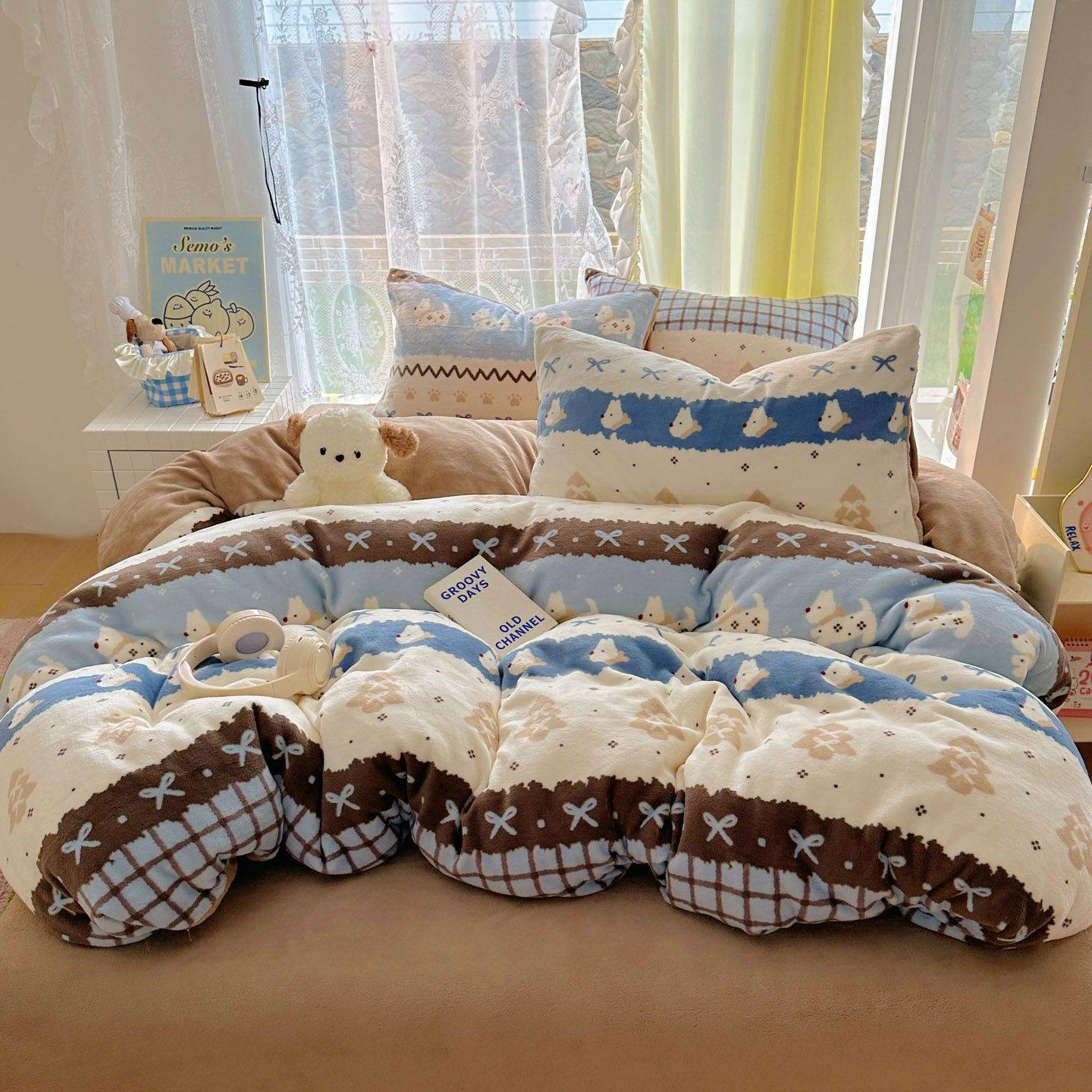 2025 New Autumn and Winter Type a Milk Velvet Four-Piece Set Thickeneded and Warm Cartoon 0.9m Bed Three-Piece Set Must Be Selected in Winter