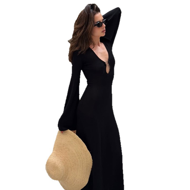 Long Sleeve Deep V Neck Dress Hollow Out Design Tie Waist Elegant Style Autumn Winter Fashion Wholesale Available