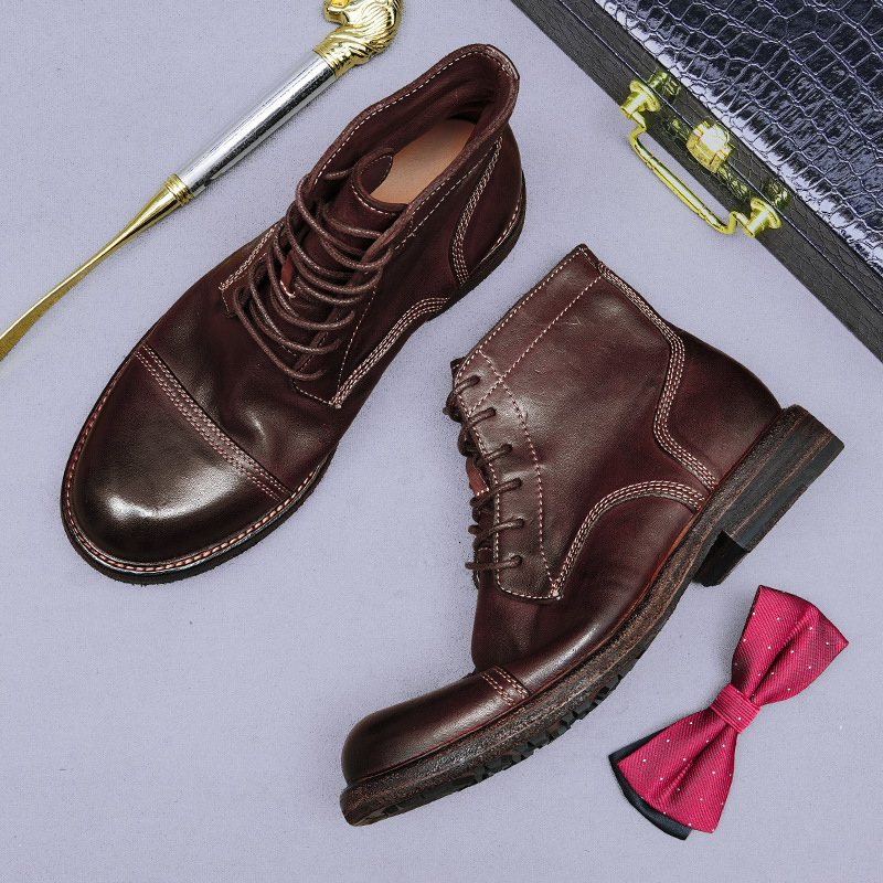 Giày boot nam da ngựa cổ cao mũi tròn đế khâu Goodyear thủ công — Màu đen, Màu cà phê