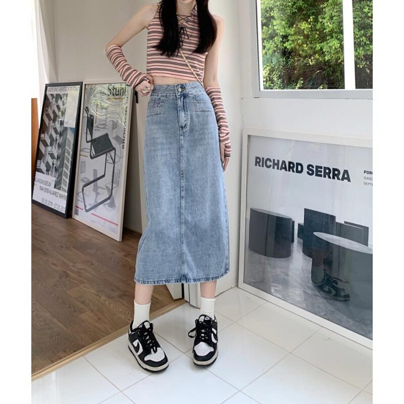 High Waisted Denim Midi Skirt Pocket Design Loose Fit Washable Fabric Summer Casual Wear Wholesale Available