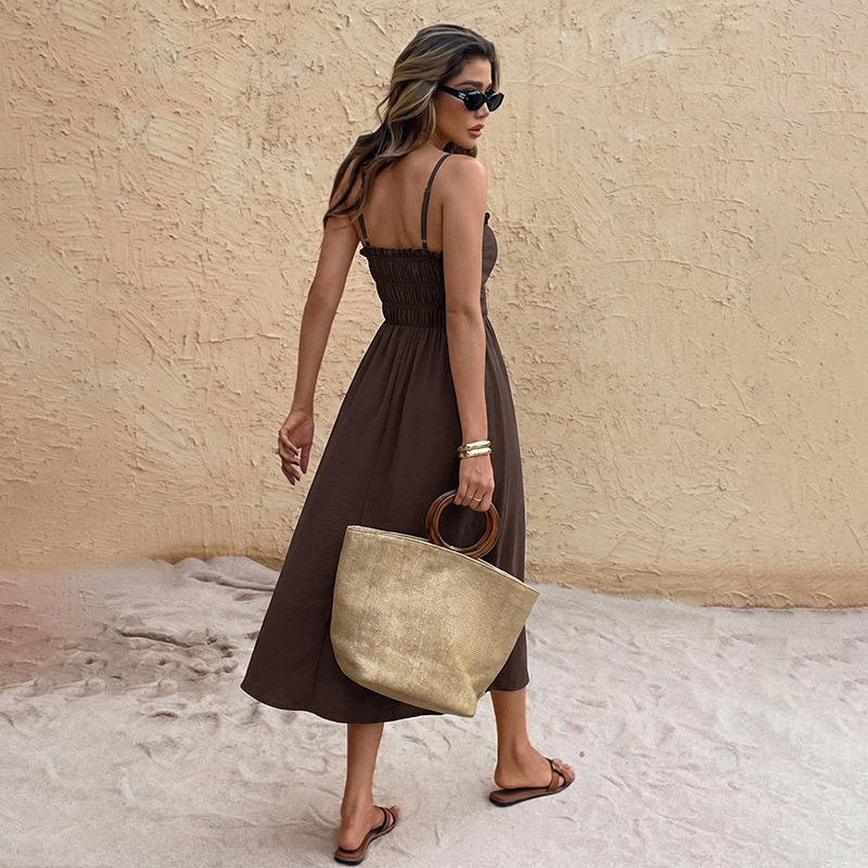Simple Vintage Solid Color Drawstring Waist Cami Dress Elegant Design Comfortable Fit Perfect for Summer Events