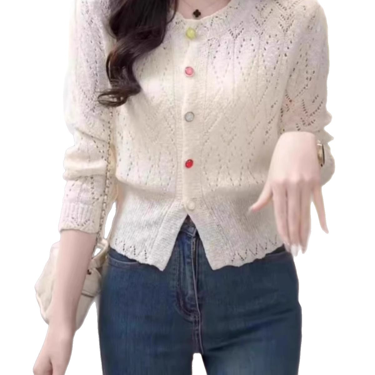 Lace Hollow Round Neck Knit Sweater for Women Soft Fabric Long Sleeve Versatile Style Spring Summer Casual Wear