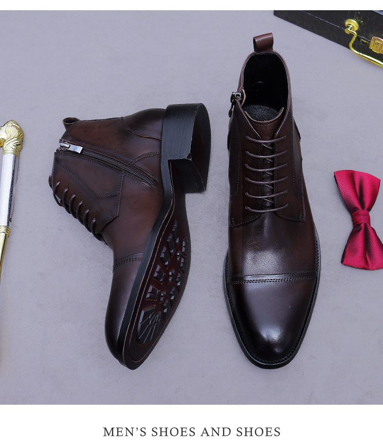 Giày boot nam cổ thấp da bò thật dây kéo phong cách công sở — đen, nâu