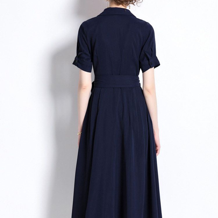 French Style Elegant Short Sleeve Midi Dress High Collar Waist Tie Solid Color Slim Fit Perfect for Casual or