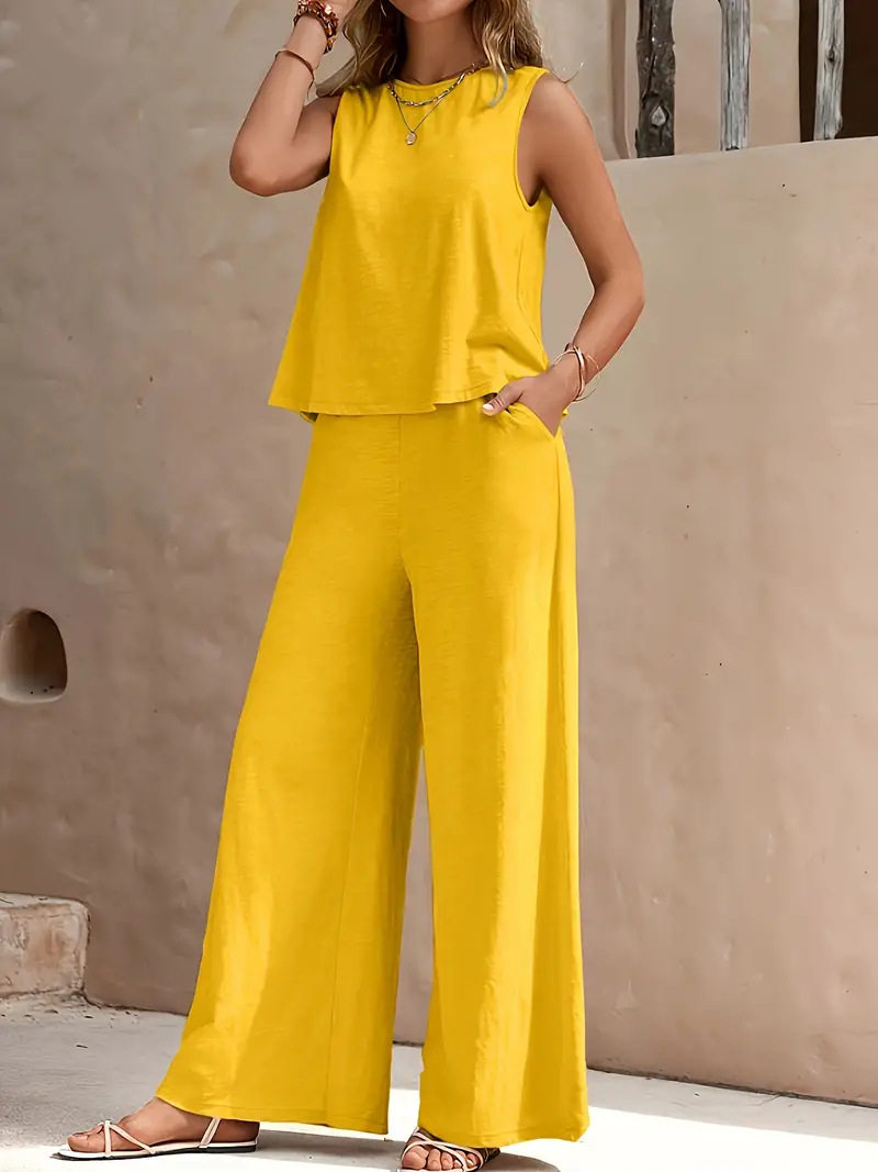 2025 Amazon Europe and the United States cross-border explosions solid color elegant two-piece crew neck vest and wide leg pants suit women's clothing