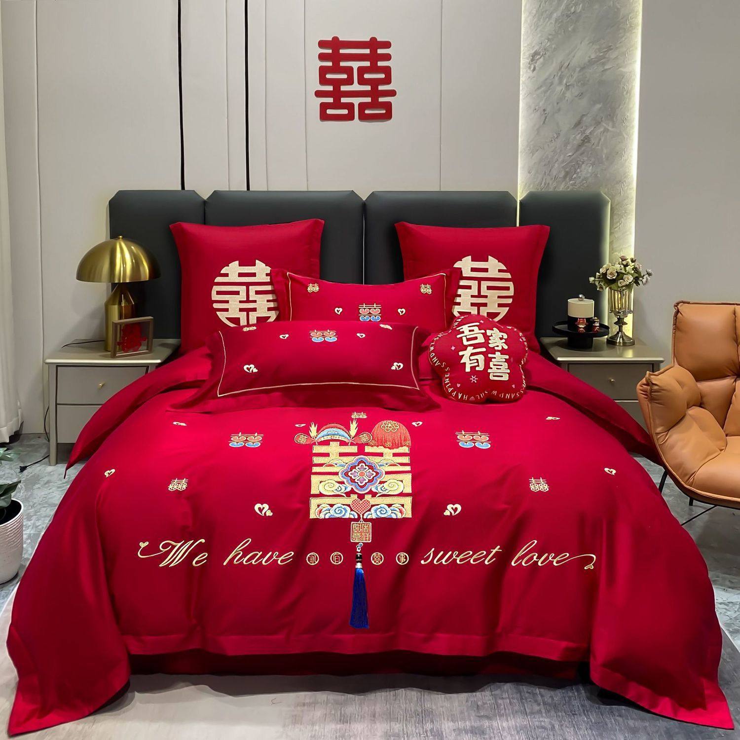 Wedding Bed Four-Piece Set Wedding Big Red Embroider Wedding Room Wedding Supplies Classy Chinese Style Wedding Bedding Set