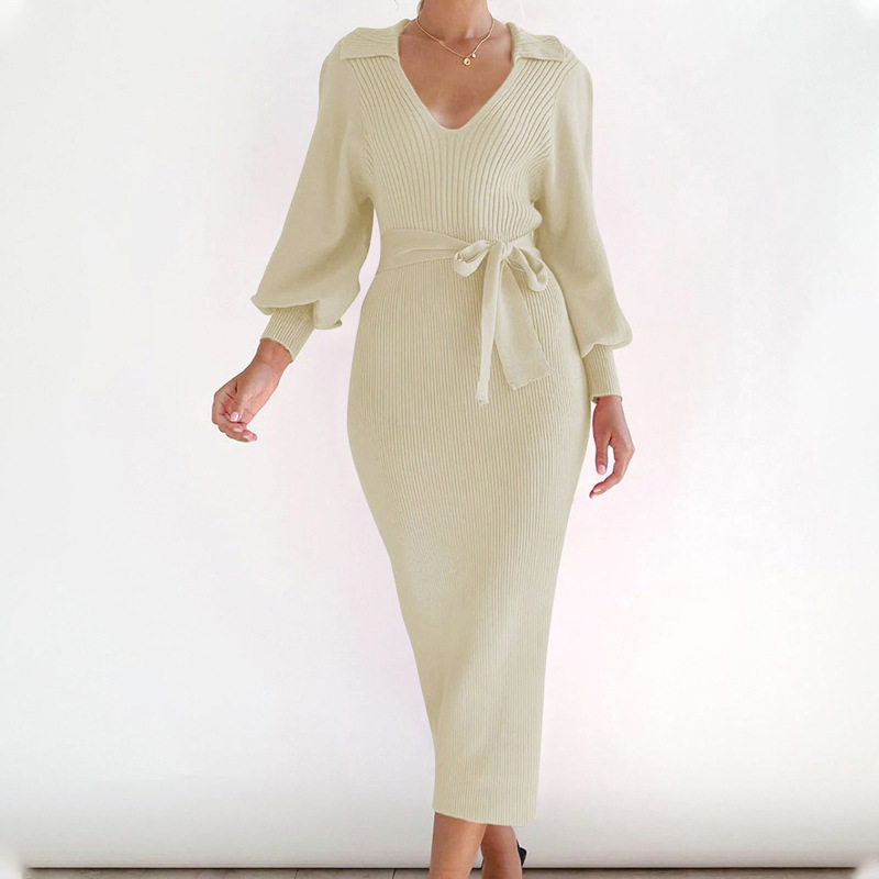 Knitted Sweater Dress Lantern Sleeve Solid Color Vintage Style Autumn Winter Fashion Wholesale Available