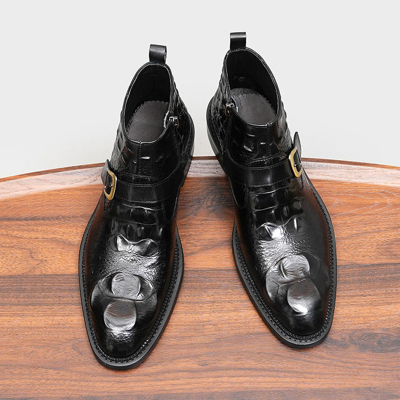 Boot Nam Da Thật Vân Cá Sấu Cổ Cao Khóa Hông Chiều Cao Đế Khoảng 3cm Màu Đen, Nâu