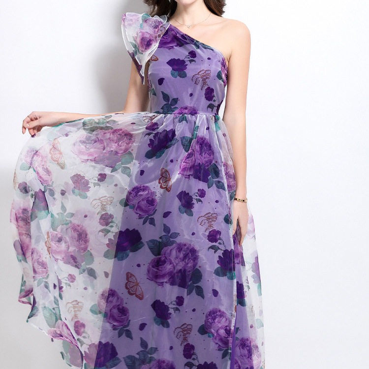 Elegant High End One Shoulder Floral Lace Waist Defined Mesh Dress for Women Chic Print Slit Design Evening Wear