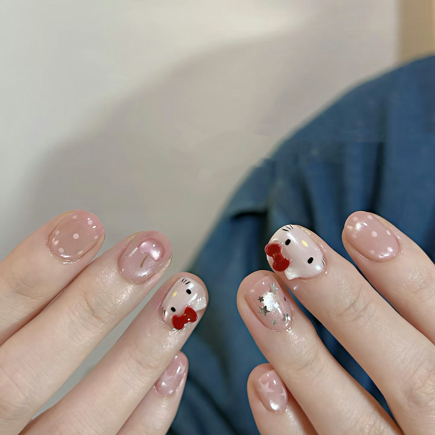 [Pink Crystal Kitty] Soft and Cute Hello Kitty Sweet Girl Stereo Fruit Decoration Daily Cute Style Whitening Wearable Nails