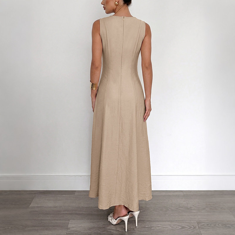 Sleeveless A Line Dress Solid Color Waist Defining Minimalist Design Summer Casual Wear Wholesale Available