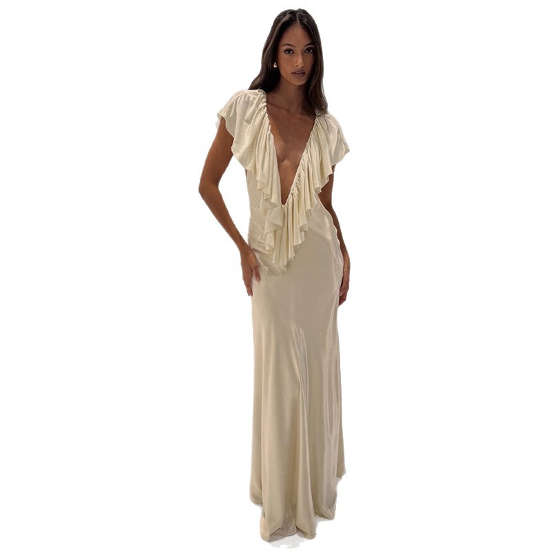 Womens Autumn Dress Ruffled Hem Sexy V Neck Backless Fitted Bodycon Elegant Evening Wear OEM Available