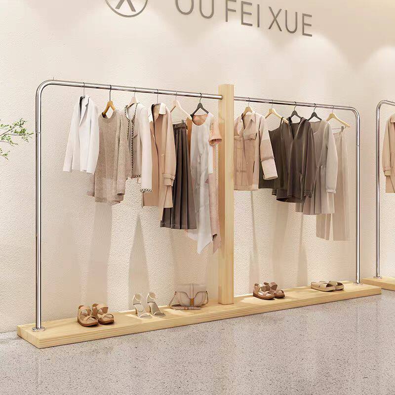 Solid Wood Island Display Rack for High-End Clothing Stores, Floor-Standing Women's Clothing Store Special Clothes Hanger, Floor-Standing Rod Clothes Hanger