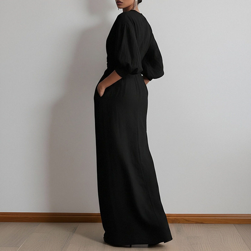 Womens Spring V Neck Long Dress Elegant Solid Color Waist Defining Fashionable Perfect for Casual or Formal