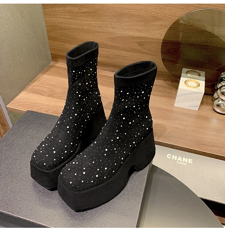 Boot nữ cổ thấp gót siêu cao 11cm đế xuồng đính đá pha lê — Lớp lót đơn màu be, Lớp lót đơn màu đen, Lót nhung đen, Lót nhung màu be