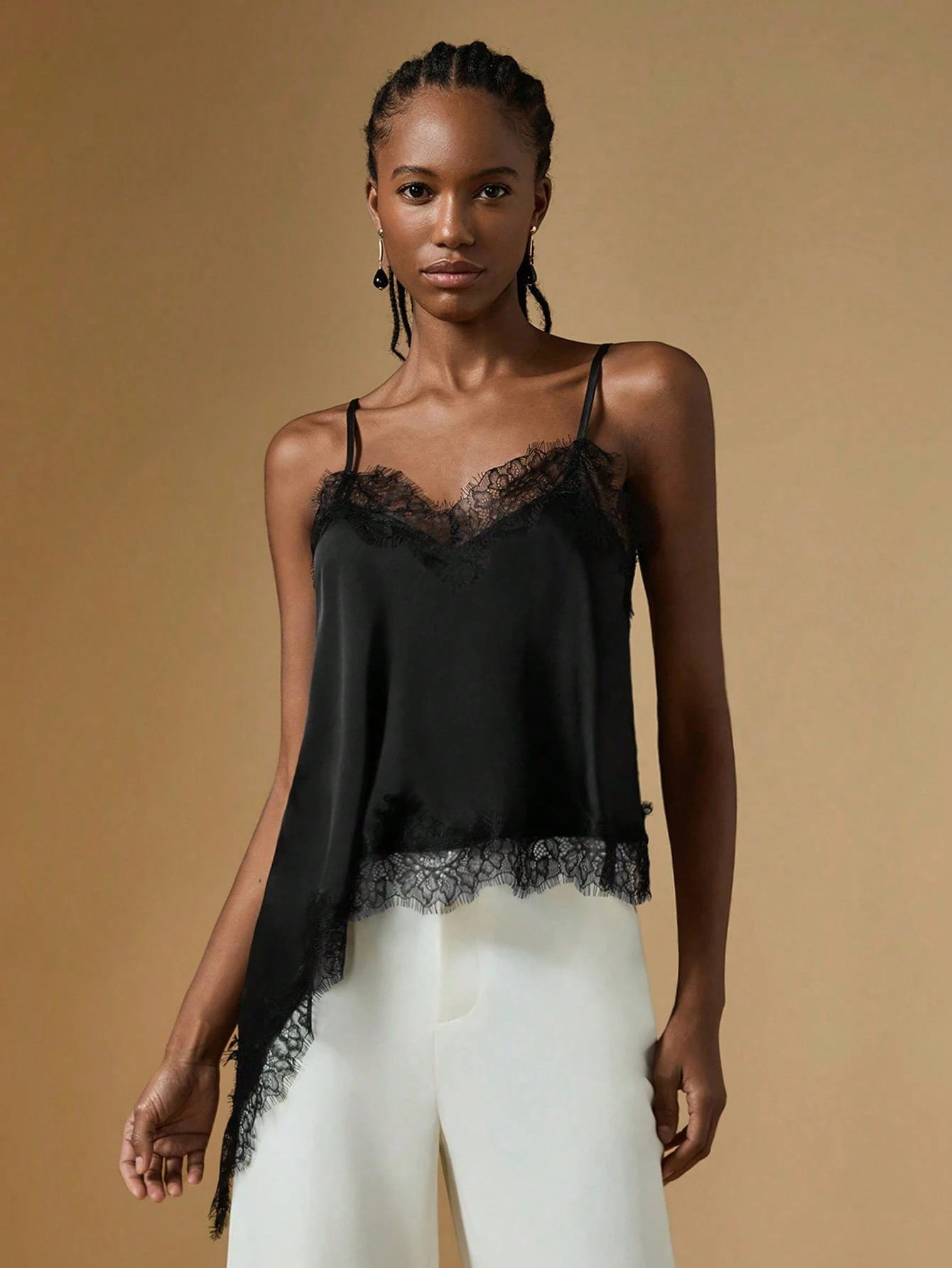 solid color loose and sexy V-neck suspender with irregular design lace splicing vest top for women