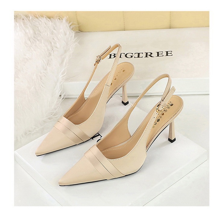 Giày cao gót nữ mũi nhọn chất liệu satin quai hậu hở gót phong cách thanh lịch dự tiệc — Màu đen, Màu đỏ rượu, Màu sâm panh, Màu tím