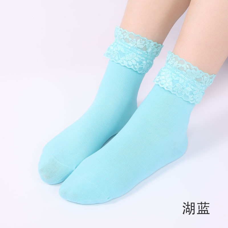 日系少女蕾丝花边棉袜女士袜中筒袜纯色Lolita学生袜春季袜子批发