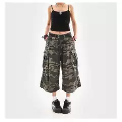 Men's Camouflage Cropped Pants over the Knee, Wide-Leg Trendy Brand Jeans, Summer Korean Style Loose Sports Casual Mid-Length Pants