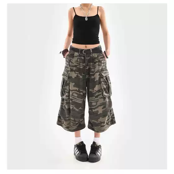Men's Camouflage Cropped Pants over the Knee, Wide-Leg Trendy Brand Jeans, Summer Korean Style Loose Sports Casual Mid-Length Pants