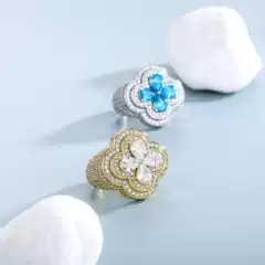 Cross-Border European and American Amazon Micro-Inlaid Zircon Four-Leaf Flower Ring Hip-Hop Men's Super Shiny Diamond Personalized Ring Wholesale