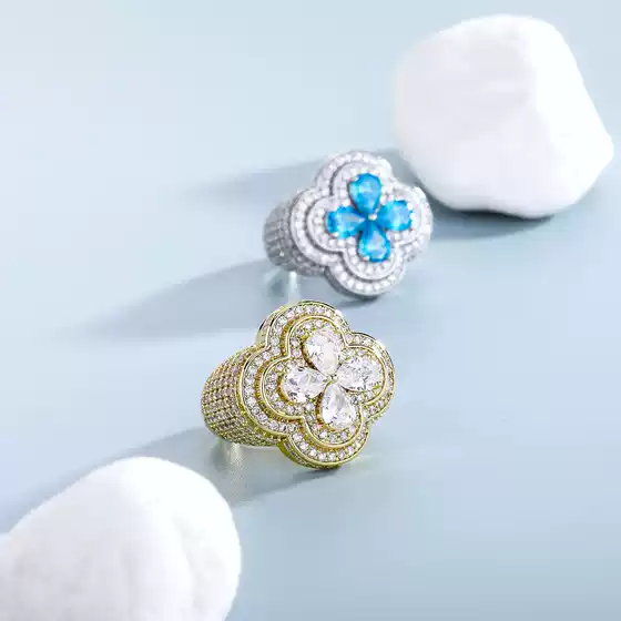 Cross-Border European and American Amazon Micro-Inlaid Zircon Four-Leaf Flower Ring Hip-Hop Men's Super Shiny Diamond Personalized Ring Wholesale