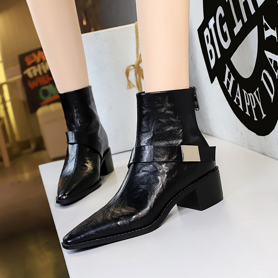 Boot nữ cổ thấp gót vừa mũi nhọn khóa kim loại phong cách Âu Mỹ — Lớp lót nhung đen, Lớp lót nhung màu nâu sẫm, Màu đen, Màu nâu đậm