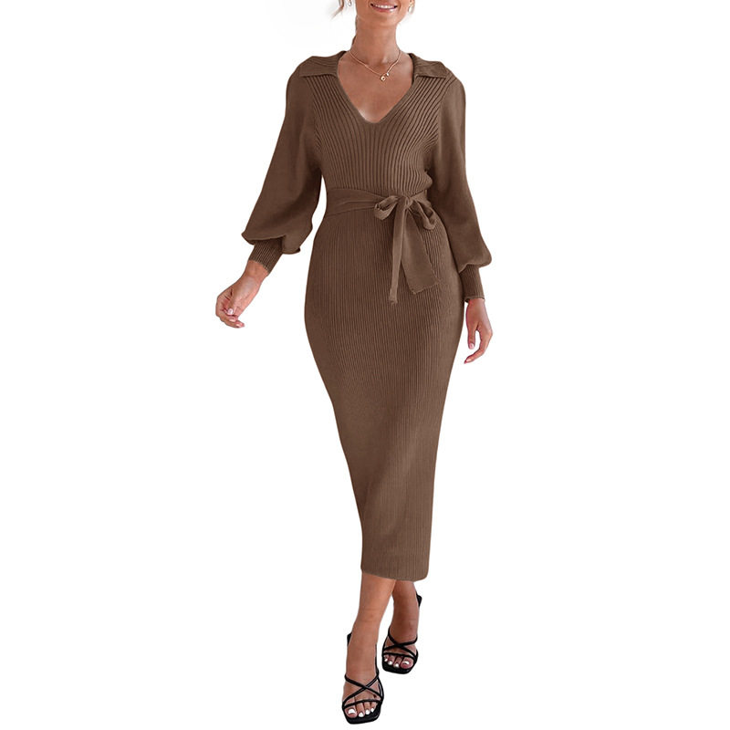 Knitted Sweater Dress Lantern Sleeve Solid Color Vintage Style Autumn Winter Fashion Wholesale Available