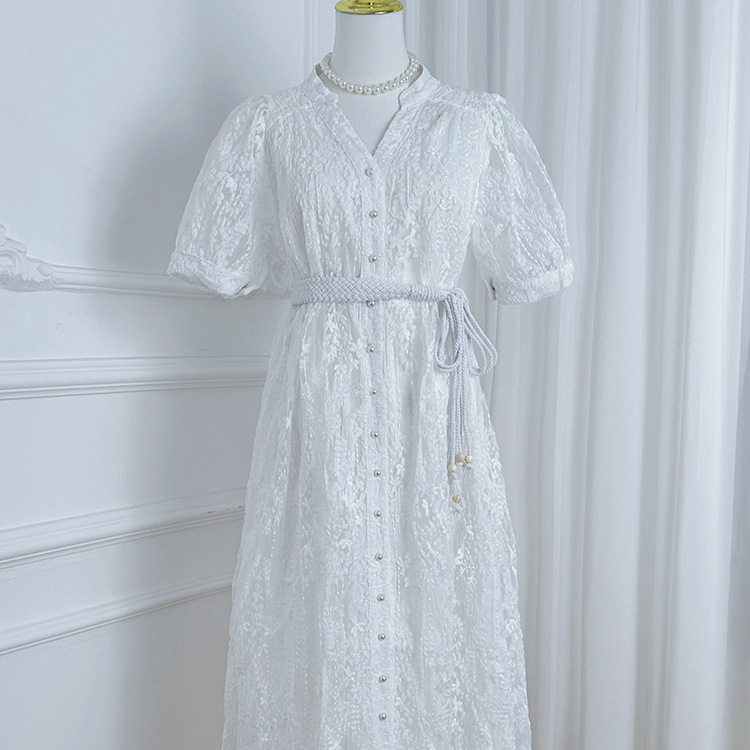 French Elegant Maxi Dress Summer Fashion Embroidered Lace Waist Tie Button Closure Perfect for Parties and Events