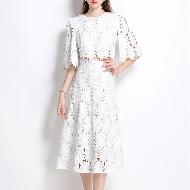 French Style Hollow Lace Set Short Flare Sleeve Shirt High Waisted Skirt Summer Fashion for Women Wholesale Available