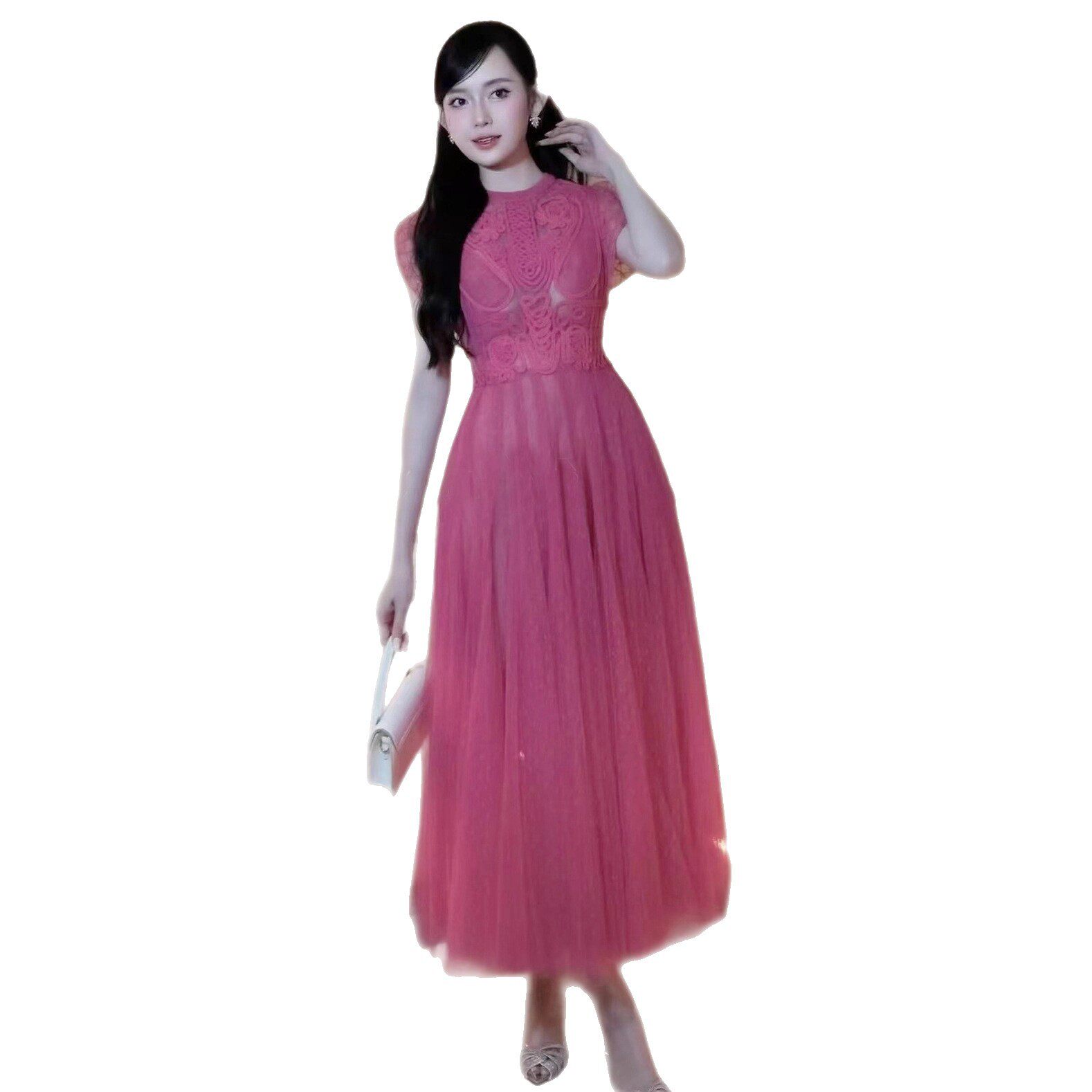 Đầm maxi ren thêu hoa cổ tròn tay ngắn eo cao phong cách Pháp — Hồng đỏ